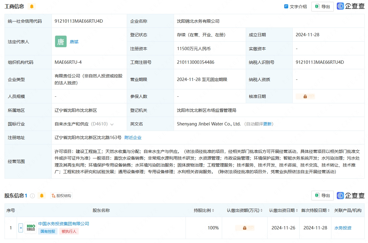 中国水务投资集团在沈阳成立新公司